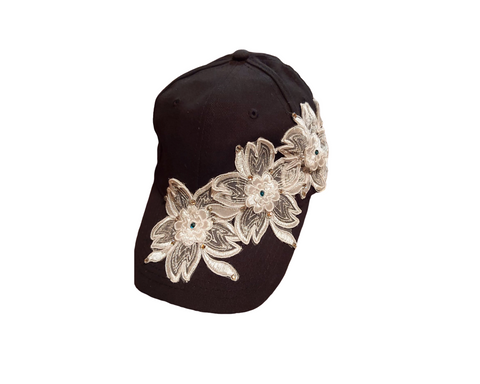 Caps designed by fly n high horse wear / white flowers  swarovski crystals