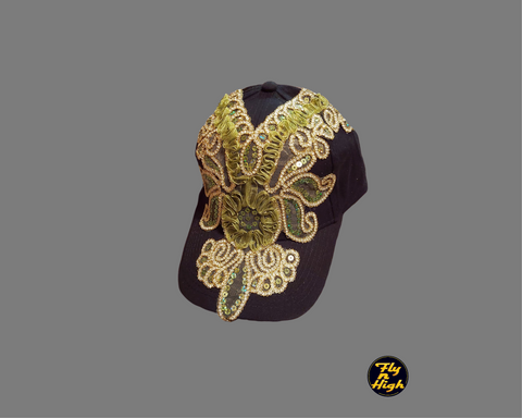 Caps designed by fly n high horse wear green and gold