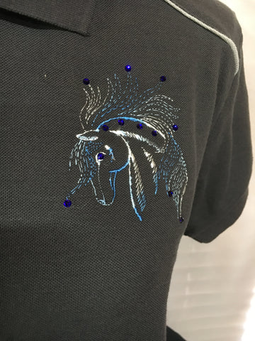 Embroidered polo shirt zip blue horse 16